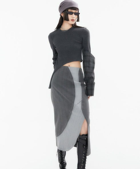 Asymmetric Plaid Sleeve Knit Top